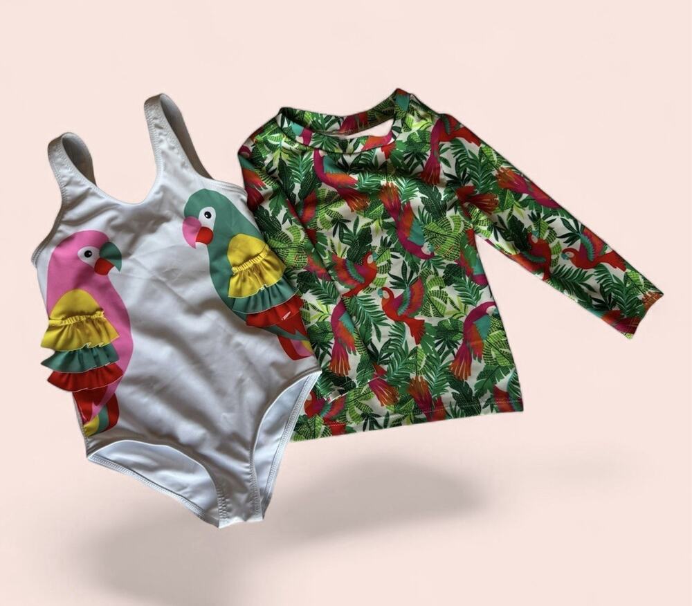 Bundle 2 Pieces Girls Swimming Suit Rash Guard Macaw Size 2-3T Summer Pool